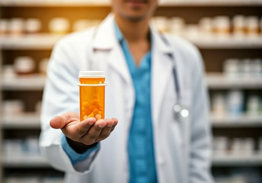 Pharmacist at locally owned independent pharmacy holding prescription medication bottle