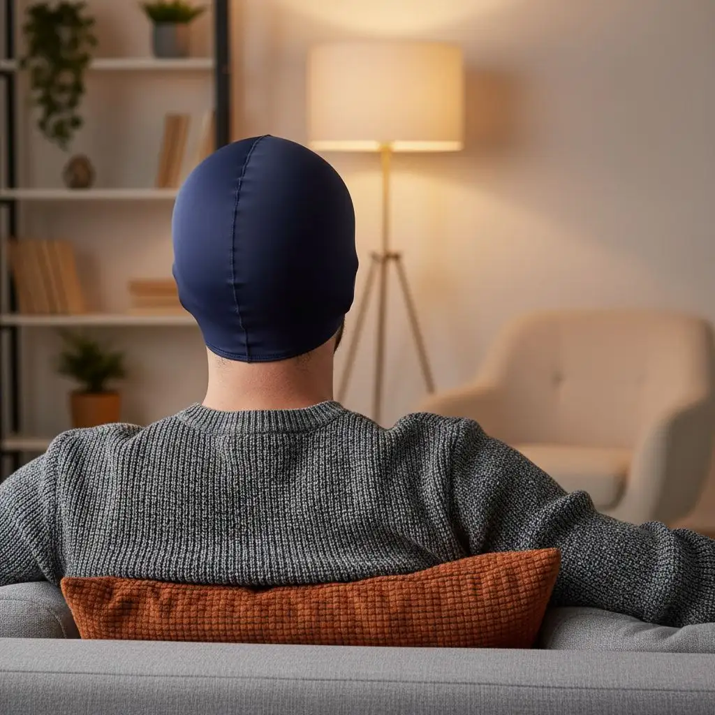 Man using a migraine relief cap, an alternative to migraine medications.