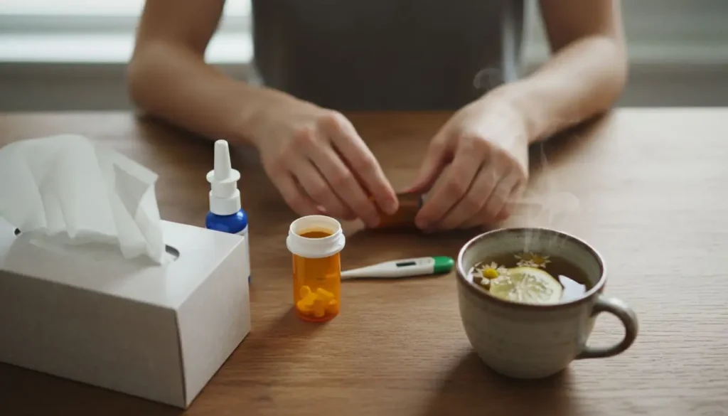 A person at a table with flu medicine, tissues, and tea, showing what to get for the flu.